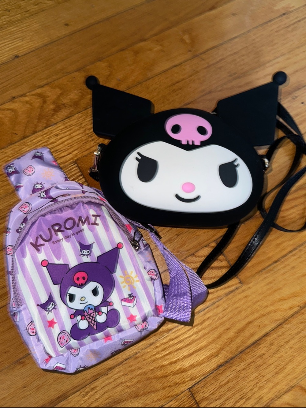 Kuromi Kids Purple Sling mini Backpack and Black silicone Kuromi Crossbody Purse